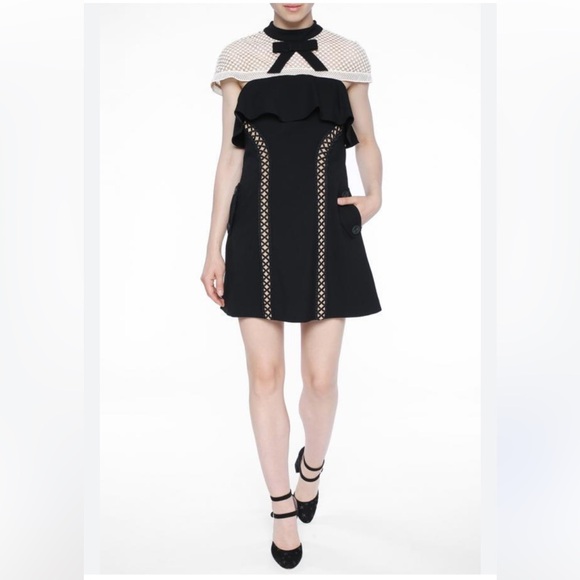 Self Portrait Black Crepe Lace Bow Cap Sleeve A Line Mini Dress - Picture 14 of 14